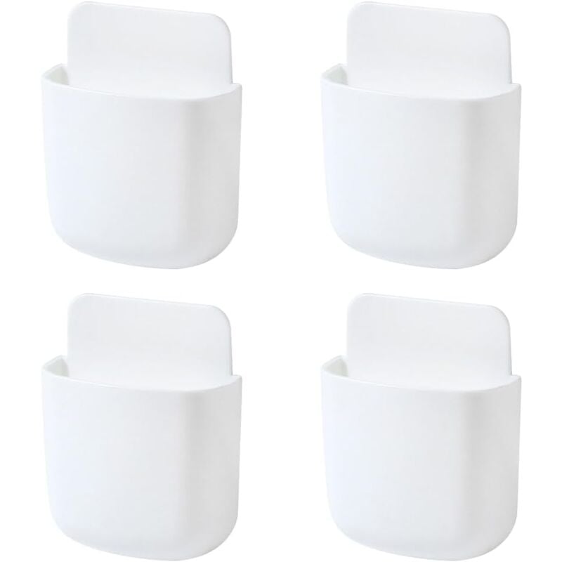 4Pcs White Wall Mounted Remote Control Storage Box Self-Adhesive Remote Control Holder Phone Charging Rack Stand for Remote Control, Pencil, Cell